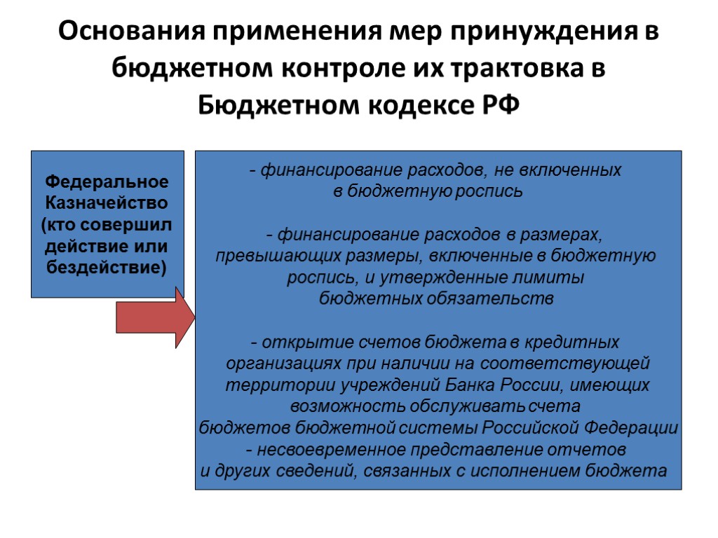 Основания применения мер принуждения в бюджетном контроле их трактовка в Бюджетном кодексе РФ Федеральное